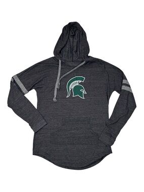 MSU Spartans Charcoal Gray & Green Hoodie, Distressed Neck, Small, Michigan